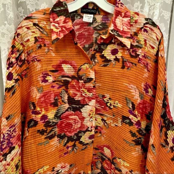 SAITHONG * NWOT Designer Vibrant Orange Floral Kimono-Style Blouse - Picture 2 of 6